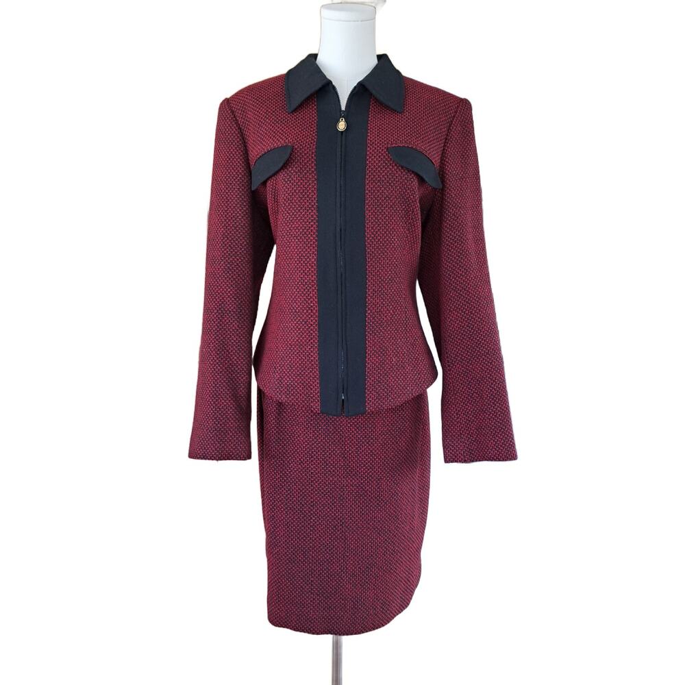 Evan-Picone Vintage Wool Blend Skirt Suit Set Metallic Red Black Tweed Size 14 - Picture 2 of 9